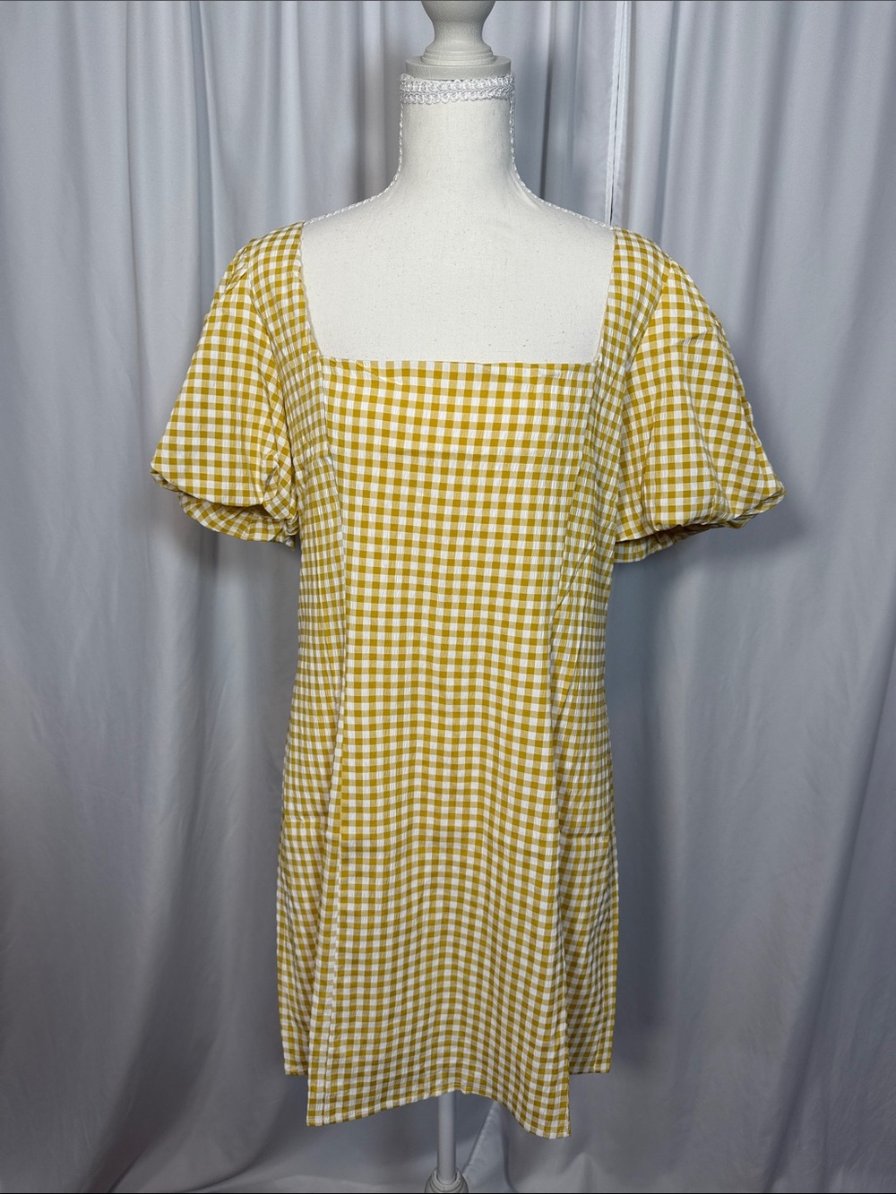 Mustard Gingham Square-Neck Mini Dress with Puff Sleeves